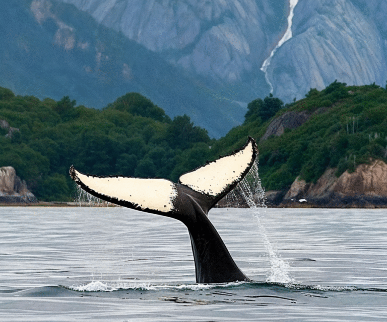 A humpback whale tail sticking up out of the water during a whale watching tour in ketchikan alaska.
